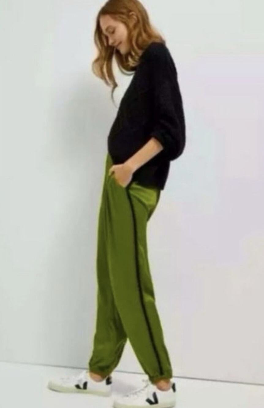 Anthropologie Diandra Pleated Satin Joggers Moss Green Size 0